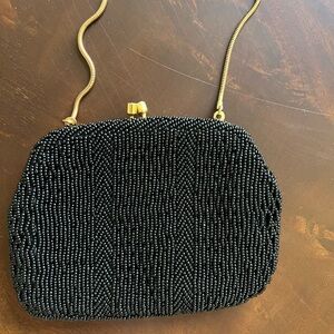 Vintage Birks Black Beaded Clutch with Gold Chain